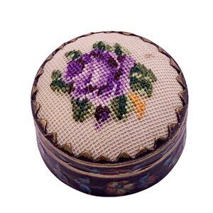 Vintage Petit Point Cloisonné Enamel Pill Box Embroidery Round Shape